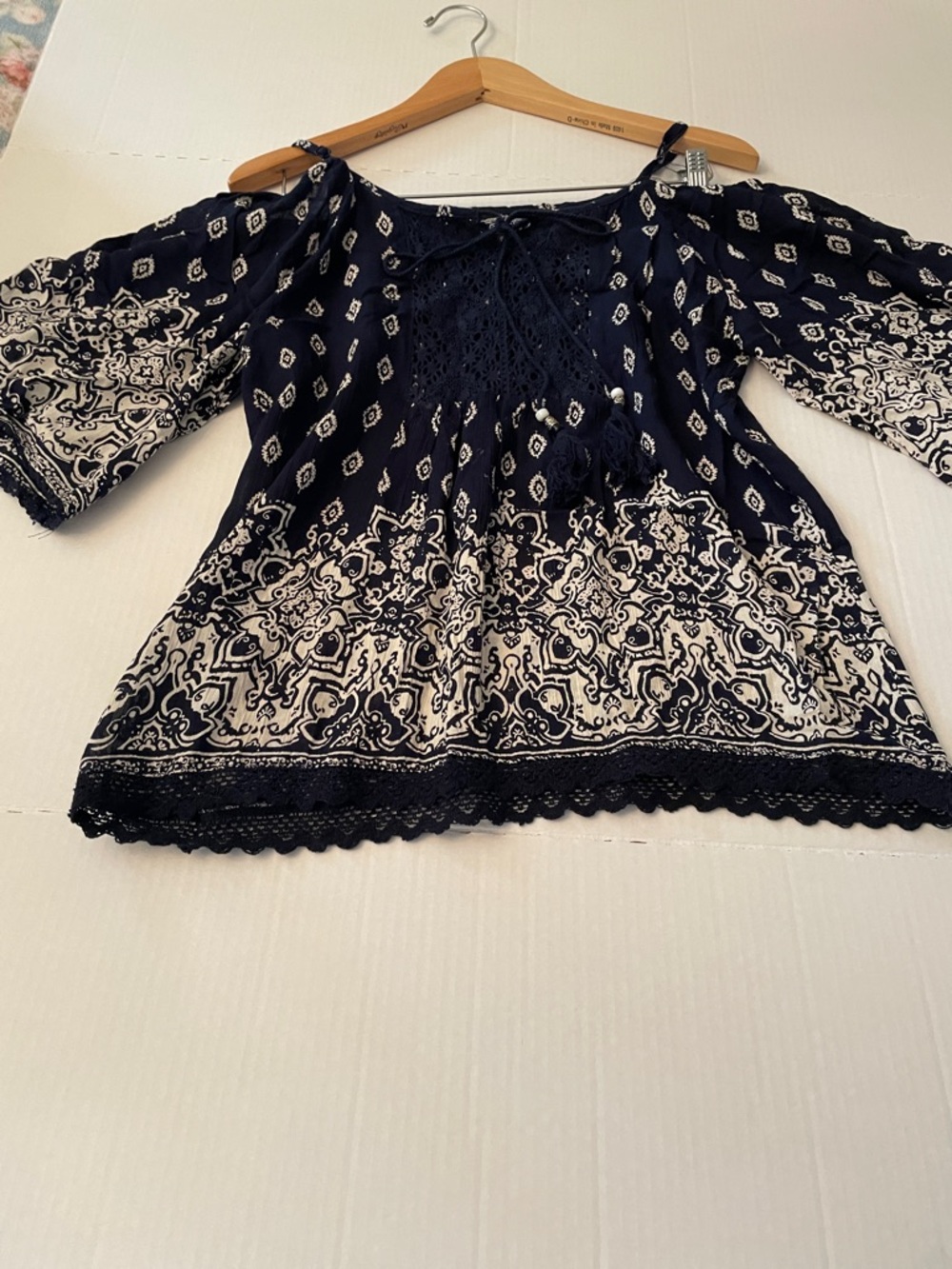 Angie Navy and Cream Boho Off-Shoulder Blouse